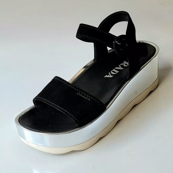 PRADA black suede 38.5 8.5 logo round buckle open-toe silver wedge sandals shoes - Picture 1 of 7